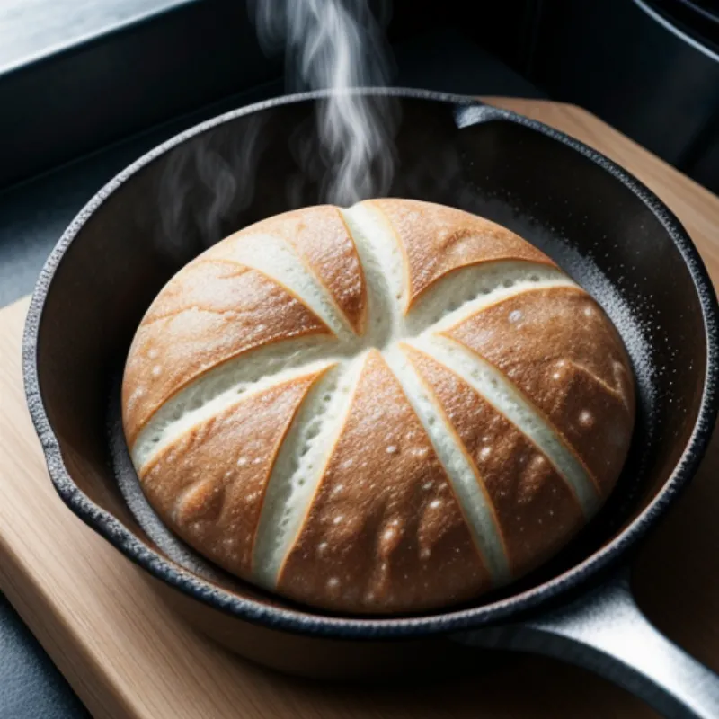 golden brown bolus bread cooking on a cast iron skillet